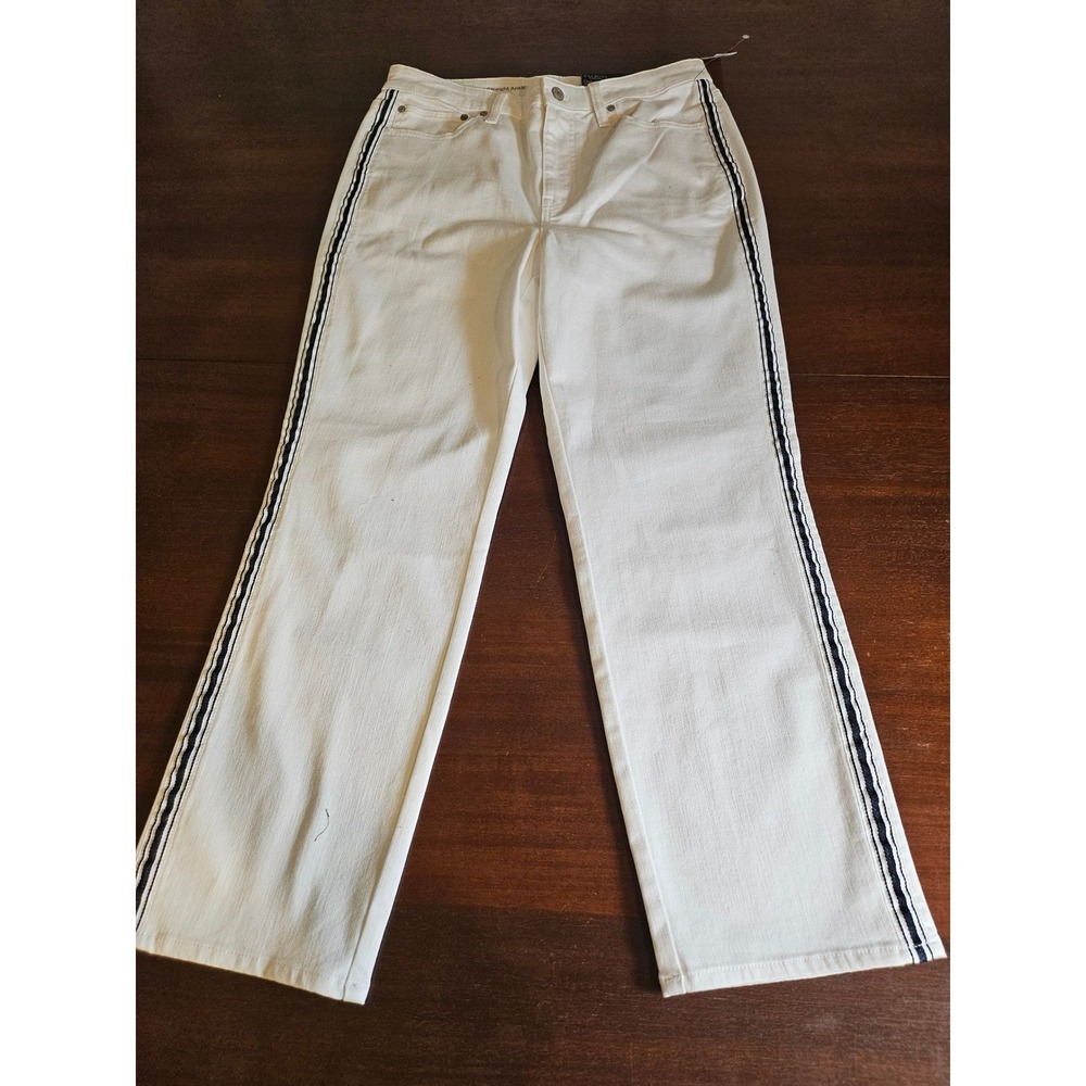 Talbots Flawless Straight Ankle Jeans Womens 10 White Navy Side Stripe NEW